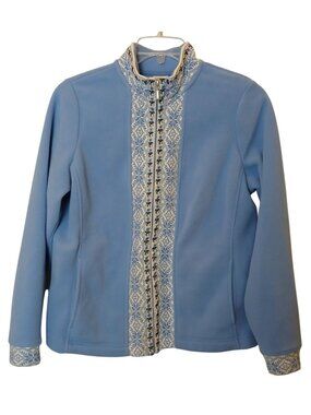 LL Bean Blue Jacket Womans Medium Snowflake Trim Fleece Zip Flip Collar #N-30